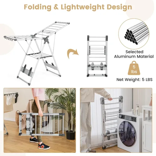 Vista 7 de Tangkula Estante de secado de ropa plegable, estante de secado de aluminio de 2 capas que ahorra espacio con alas ajustables, estante de secado
