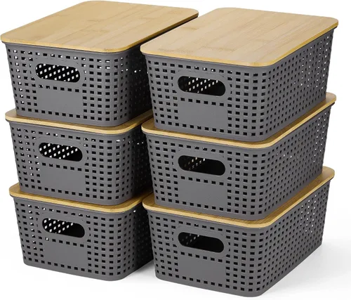 Vista 8 de Ohmlove 6 Pack Plastic Storage Baskets with Bamboo Lids for Organization Black