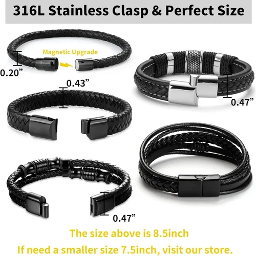 Vista 5 de LOWNOUR Pulseras para hombres, hechas a mano, de cuero, para hombres, trenzadas, negras, regalos para hombres, cuero y acero, 8.5 pulgadas, Cuero