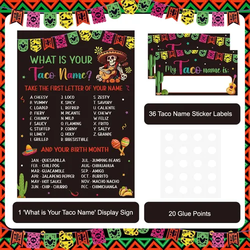 Vista 3 de COCHIE Juego de tacos para fiesta, familia, adultos, oficina, grupos grandes, con nombre de taco, decoración de fiesta mexicana con 36 calcomanías