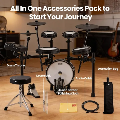Vista 4 de Roland TD313 V-Drums Kit de batería electrónica Bundle con trono de batería, cable de audio, baquetas, bolsa para baquetas y paño de pulido