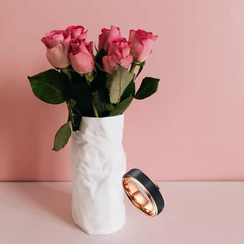 Vista 5 de Juego de anillos de promesa personalizados a juego para parejas, anillos de compromiso de oro rosa negro para mujeres de 0.315in y hombres, anillo