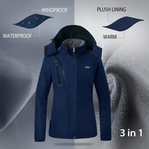 Vista 4 de Wantdo Chaqueta de esquí 3 en 1 para mujer, impermeable, con aislamiento, forro polar