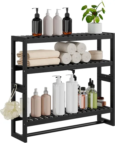 Vista 10 de RRX - Estante organizador de almacenamiento para baño, estante ajustable de 3 niveles, color beige Organizador de bambú para almacenamiento sobre