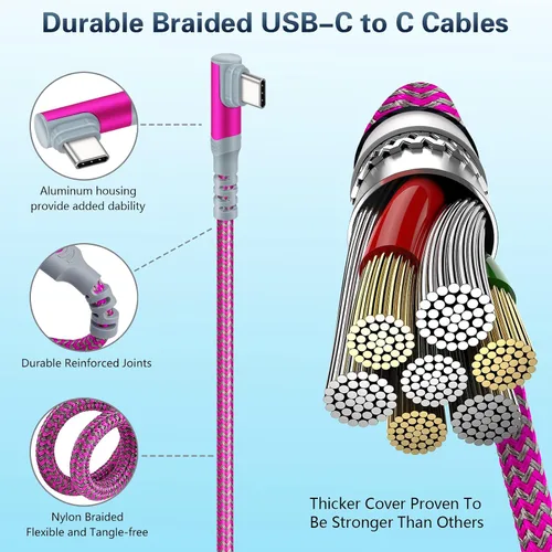 Vista 5 de Paquete de 5 cables USB C a USB C de 10 pies en ángulo recto USB C extra largo de 60 W/3A tipo C a tipo C, cable de carga rápida compatible