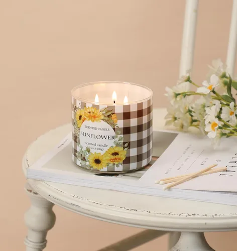 Vista 4 de Vela de girasol, velas perfumadas de girasol de verano, regalo para mujeres, vela grande de 3 mechas, 14 onzas