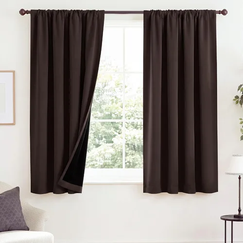 Vista 121 de NICETOWN Biscotti Beige 100% Cortinas opacas de 45" de largo para cocina, bolsillo con varilla para sótano completamente opaco, cortinas térmicas