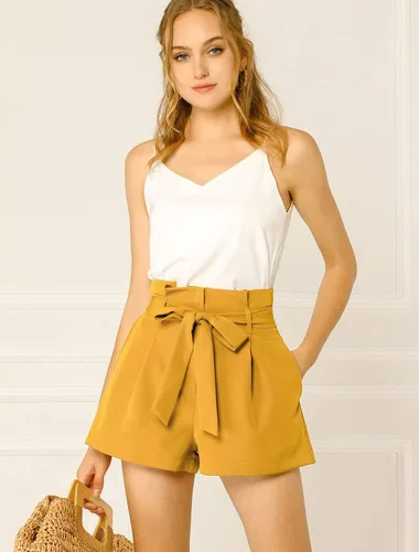 Vista 2 de Allegra K Pantalones cortos cortos de cintura alta con pajarita para mujer