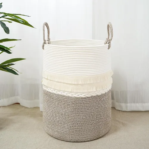 Vista 6 de Cesta grande de 79 L para ropa sucia, cesta tejida de algodón con asas, cesta de almacenamiento para ropa sucia en el baño, cesta decorativa