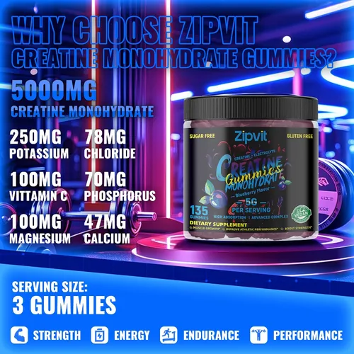 Vista 2 de zipvit Gomitas de monohidrato de creatina (0.18 onzas), energía previa al entrenamiento y apoyo al crecimiento muscular para hombres y mujeres