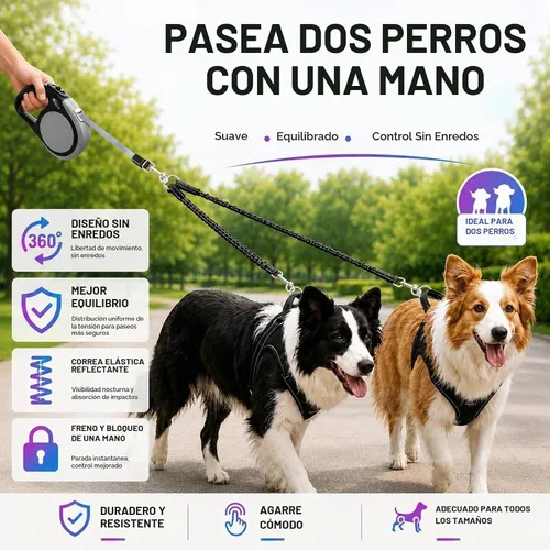 Vista 3 de Correa doble retráctil para perros de hasta 115 libras – 18.6 pies de correa de acoplamiento para perros pequeños y medianos – un sistema de Gris