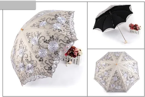 Vista 5 de Honeystore Sombrilla bordada con flor 3D plegable UV con encaje clásico