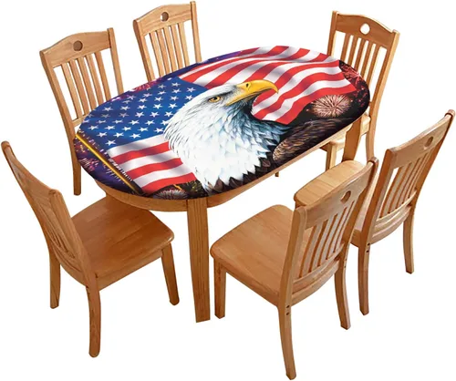 Vista 14 de Mantel de mesa ovalado con bandera estadounidense, mantel con bandera estadounidense sobre madera, cubierta elástica ajustada para el día