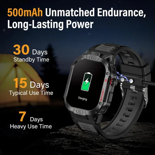 Vista 7 de Reloj inteligente militar para hombre, reloj inteligente deportivo al aire libre de 2.02 pulgadas con linterna, frecuencia cardíaca, oxígeno y Negro