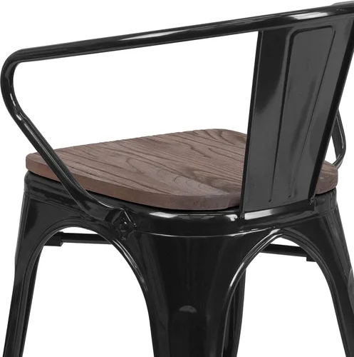 Vista 8 de EMMA + OLIVER Silla de metal negro con asiento y brazos de madera