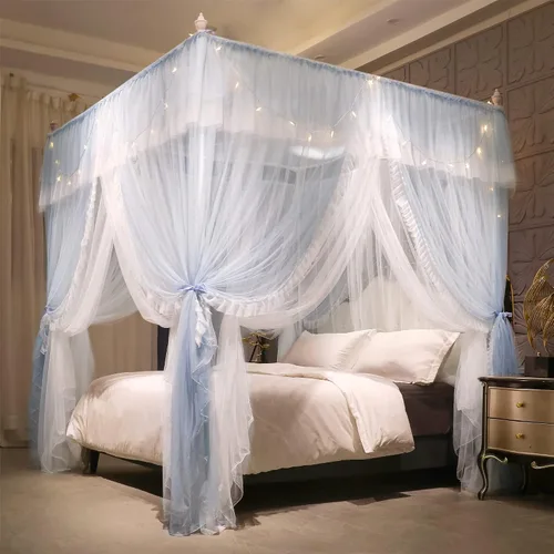 Vista 9 de VETHIN Cortina de Dosel de Cama de Princesa con Volantes de 4 Postes de Esquina - Red de Tul de Doble Capa Acogedora con 4 Aberturas, Mosquitera