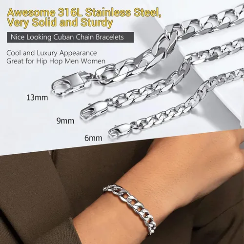 Vista 3 de PROSTEEL - Cadena, brazalete cubano de acero inoxidable unisex, negro, chapado en oro de 18 quilates, sin níquel, joyería hipoalergénica, 4-13 mm