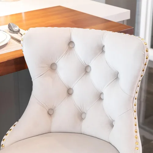 Vista 8 de Taburete de bar giratorio ajustable de altura de mostrador, silla de bar tapizada de terciopelo dorado con base cromada con respaldo acolchonado