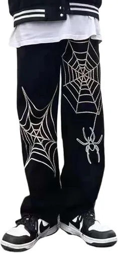 Vista 2 de Pantalones de mezclilla Y2K para hombre, estilo vintage, hip hop, holgados, rectos, tela de araña, con gráficos de estrellas, pantalones