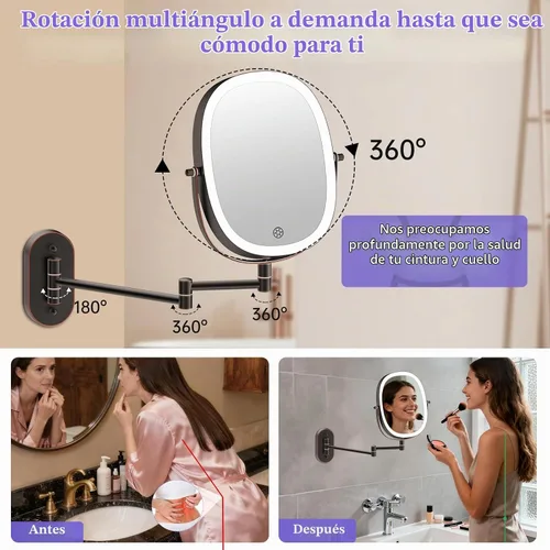 Vista 5 de FUNTOUCH Espejo de Maquillaje Montado en la Pared Iluminado 30X/1X, Espejo de Aumento de Baño Recargable de Doble Cara de 5000mAh, Modos de 3 30
