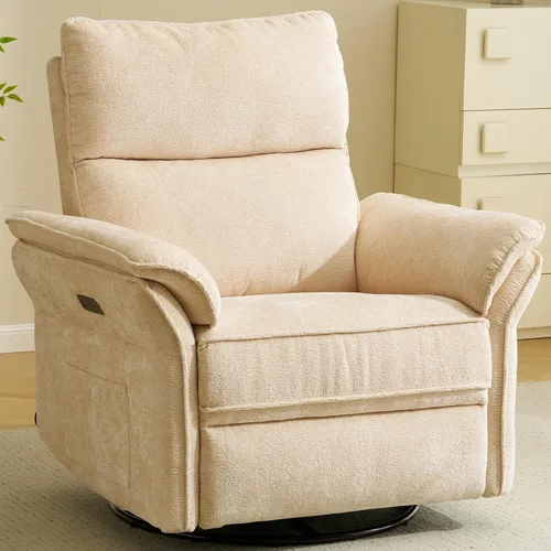 Vista 20 de Sillón reclinable giratorio de gran tamaño con reposacabezas ajustable, mecedora para guardería con reposabrazos sobrerelleno, silla reclinable Beige