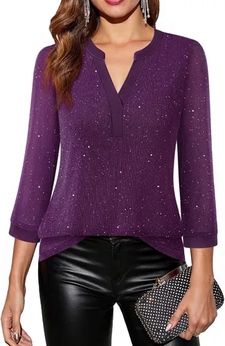 Vista 15 de Timeson - Blusas de manga de 3/4 para mujer, estilo casual, con cuello en V, camisas largas de vestir de doble capa, de malla Negro