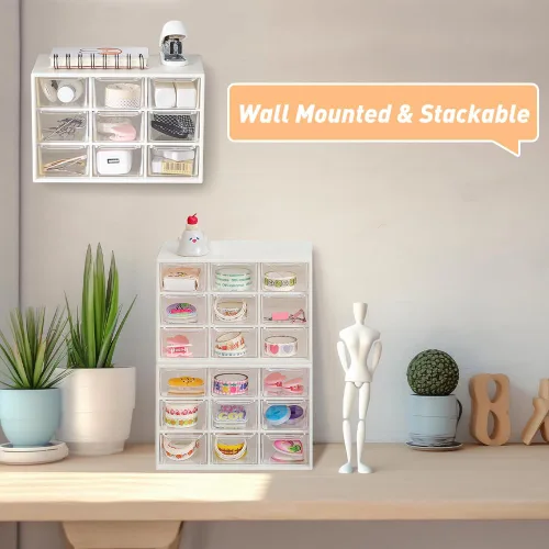 Vista 2 de Mini organizador de almacenamiento de plástico y bonitas calcomanías, mini organizador de cajones con 9 fundas de manualidades, organizador