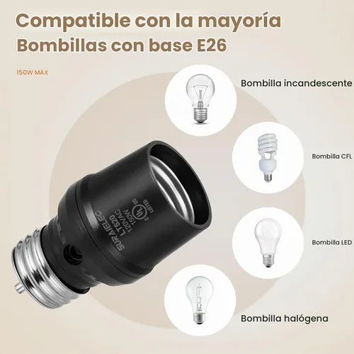 Vista 6 de SURAIELEC Portalámpara con Sensor de Luz, Portalámpara Automática del Atardecer al Amanecer con Rotación del Sensor de 360°, Adaptador de Base