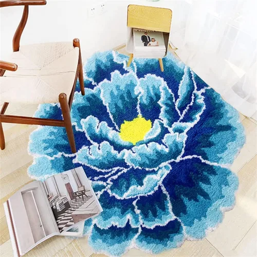Vista 2 de HM&DX Alfombra de baño con forma de flor de peonía, tejida a mano, redonda, con forma de flor, suave, esponjosa, absorbente, tapete de baño, Azul