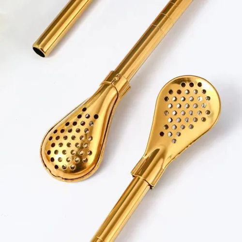 Vista 4 de 8 popotes de yerba mate, de acero inoxidable reutilizables dorados, cucharas con cepillo de limpieza para pajitas
