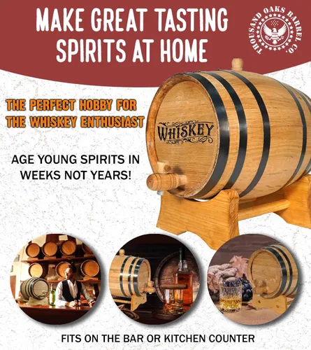 Vista 2 de Barril de envejecimiento de whisky de 1 litro con soporte de madera, bung y espita - Mini barriles de roble carbonizado de 1 litro para whisky