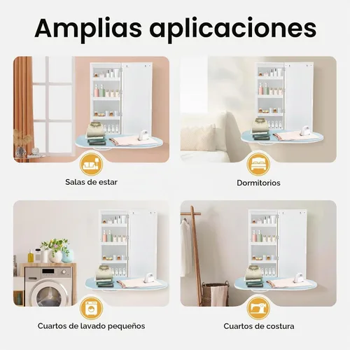 Vista 5 de Armario de tabla de planchar montado en la pared con estantes de almacenamiento y puerta, tabla de planchar plegable integrada, estación