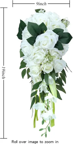 Vista 6 de Ramo de novia romántico, ramo de novia en cascada, rosas artificiales para boda, iglesia