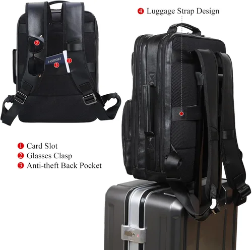 Vista 2 de TIDING Mochila para portátil de cuero de grano completo de 17.3 pulgadas para hombres, multibolsillos, casual, mochila de viaje de negocios, Negro