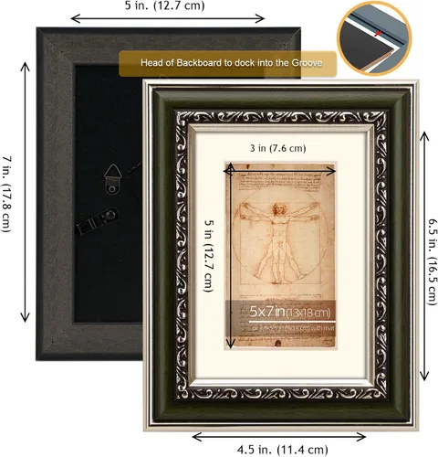 Vista 5 de 2 Pack de Marcos de Fotos 5x7 Desgastados en Verde con Acentos Plateados, Estilo Clásico y Ornamentado, Con Alfombrilla para Fotos de 3.5x5.5