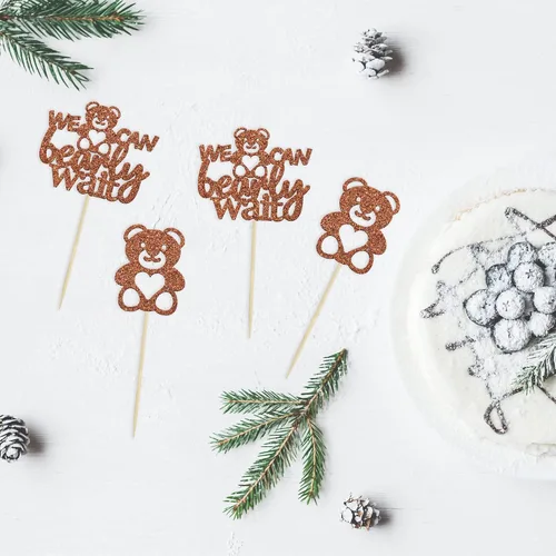 Vista 3 de Gyufise 24 piezas de decoración para cupcakes con texto en inglés «We Can Bearly Wait» («We Can Bearly Wait») para cupcakes con purpurina marrón