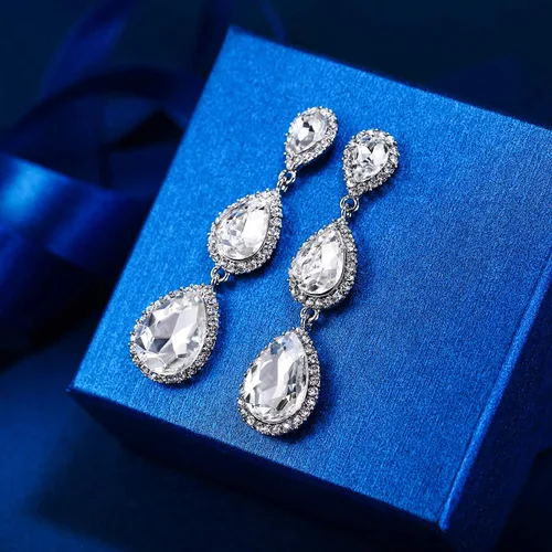 Vista 123 de EleQueen Pendientes de cristal austriaco en tono dorado para mujer, forma de pera de 2.5 pulgadas, color esmeralda