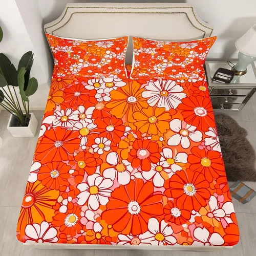 Vista 30 de Juego de ropa de cama con diseño floral bohemio, tamaño individual, diseño retro de flores groovy, 60S y 70S, diseño de flores hippie para niños