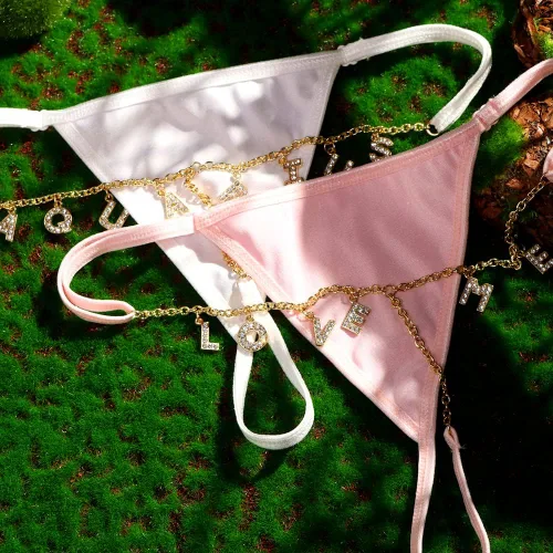 Vista 6 de Cadena de cintura personalizada con ropa interior para mujer, tangas personalizadas con nombre de letra de cristal