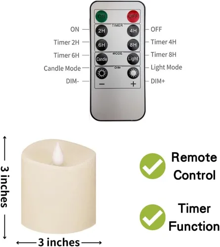 Vista 5 de Juego de velas parpadeantes sin llama de 3 x 3 pulgadas de cera real LED de 600 horas con temporizador remoto, control para fiesta de boda en Marfil