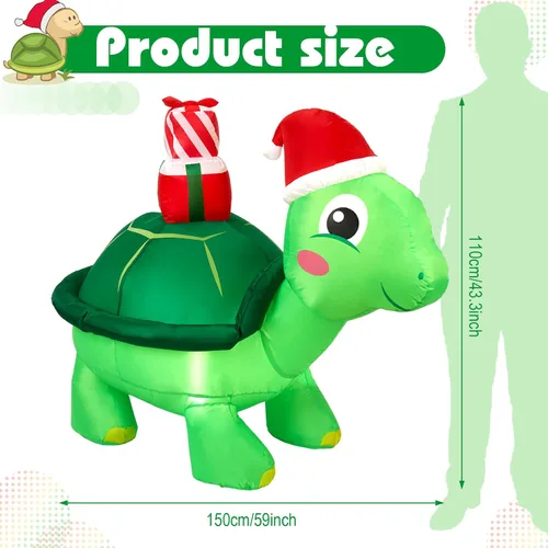 Vista 2 de Shappy - Decoración inflable gigante de Navidad de 1.49 m con tortuga con gorro de Papá Noel, decoración inflable con luces LED de Navidad