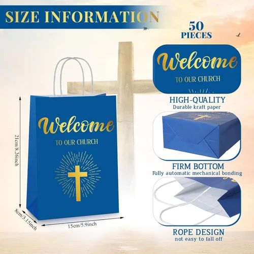 Vista 2 de Chuangdi 50 bolsas de regalo de bienvenida a la iglesia, bolsas de papel cristiano con asas para invitados, día de la madre, baby shower, Azul