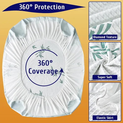 Vista 6 de Protector de colchón de tamaño matrimonial, funda de colchón impermeable de viscosa de bambú transpirable, estilo de rayas refrescantes, bolsillo