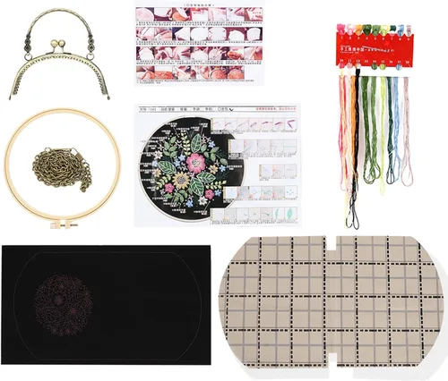 Vista 5 de Patrón de flores bordadas de bricolaje, bolsa cruzada, kits de principiantes para adultos, cartera de bricolaje, monedero, bolso, 6.5 in