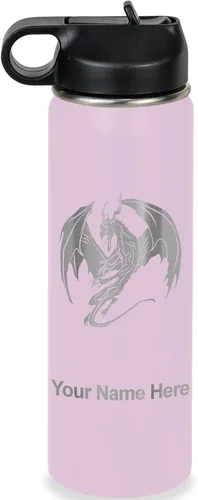 Vista 74 de LaserGram Botella de agua con tapa abatible de doble pared de 12 onzas con pajilla, dragón, grabado personalizado incluido (negro)