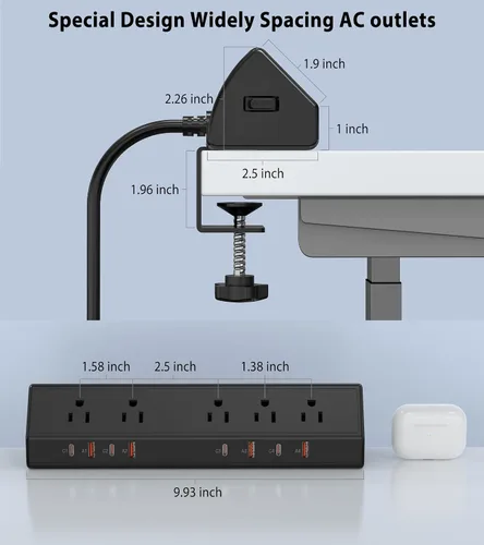 Vista 6 de Regleta de Alimentación con Abrazadera para Escritorio de 65W Estación de Carga Rápida, 4 PD USB-C, 5 Tomacorrientes, Protector contra