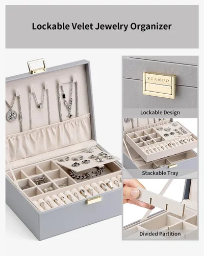 Vista 4 de Vlando - Joyero de 2 capas, joyero organizador grande para mujeres, bandeja de joyería removible para collares, aretes, anillos, pulseras, joyeros