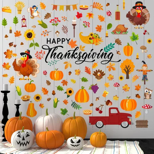 Vista 7 de Qeeenar 115 calcomanías de pared de Acción de Gracias de otoño, calcomanías de hojas de arce de pavo, calcomanías de calabaza de otoño, decoración