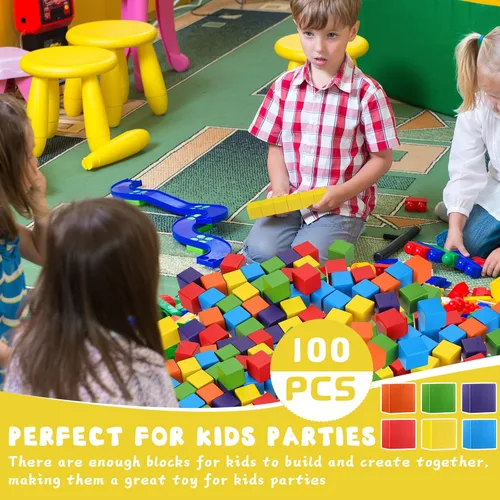 Vista 5 de Libima Juego de 100 bloques de construcción de madera de 1.2 pulgadas, juego de bloques de madera de arco iris, cubos cuadrados de madera coloridos