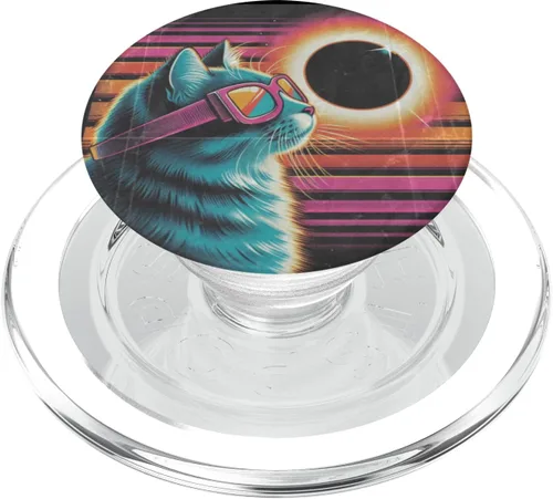 Vista 7 de Cat Solar Eclipse - Synthwave Retro Poster Style PopSockets Standard PopGrip